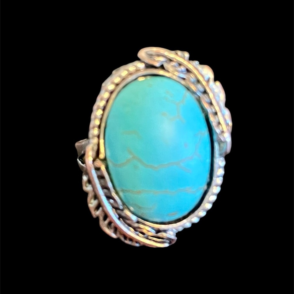 Vintage Early Navajo Turquoise Silver Plated Brass Twisted Rope Feather Ring